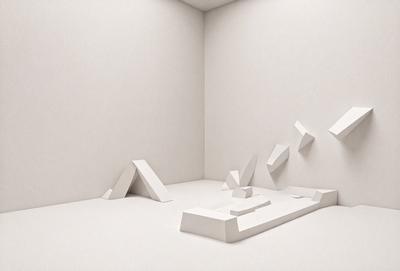 The primary subject of the image is a white wall with a variety of white geometric shapes and sculptures on it. The setting is a white room, and the visual style appears to be a combination of digital art and illustration. The dominant colors are white, and the overall atmosphere is clean, minimalistic, and artistic.
