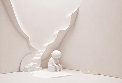 The primary subject of the image is a white sculpture of a person sitting on a bench. The setting is a white room with a white wall, creating a clean and minimalist atmosphere. The visual style is a combination of digital art and illustration, as the sculpture appears to be a digital representation of a person sitting on a bench. The colors and mood are predominantly white, giving the scene a calm and serene feel.