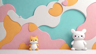 The primary subject of the image is a white and orange cat figurine, which is placed on a pink and yellow background. The setting appears to be a creative and playful environment, possibly a children's room or a display of artistic toys. The visual style of the image is a combination of digital art and illustration, with the cat figurine being a part of a larger artistic composition. The colors and mood of the image are vibrant and cheerful, with the pink and yellow background creating a