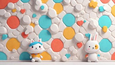 The primary subject of the image is a wall with a colorful pattern of circles and hearts. The setting is a room with a white and blue color scheme. The visual style is a combination of digital art and illustration. The dominant colors are white, blue, yellow, and orange. The overall atmosphere is cheerful and playful, with the presence of two small white and blue animal figurines, possibly rabbits, adding to the fun and whimsical nature of the scene.