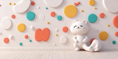 The primary subject of the image is a white cat sitting on a white surface. The setting is a white wall with a pattern of colorful circles. The visual style is a combination of photo and digital art, creating a unique and eye-catching scene. The dominant colors are white and various shades of the colorful circles, giving the image a clean and vibrant atmosphere.