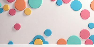 The primary subject of the image is a collection of colorful circles, which are placed on a white surface. The circles come in various sizes and colors, creating a visually appealing and vibrant scene. The setting appears to be a white wall, which serves as the background for the circles. The visual style of the image is a combination of digital art and illustration, as the circles are arranged in a pattern and the overall atmosphere is lively and cheerful.