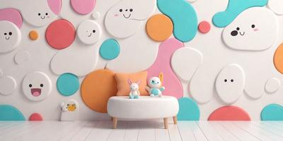 The primary subject of the image is a white chair with two stuffed animals sitting on it. The setting is a room with a colorful wall, featuring a mosaic pattern. The visual style is a combination of photo and digital art, creating a unique and vibrant atmosphere. The dominant colors are white, pink, and blue, which contribute to the overall cheerful and playful mood of the scene.