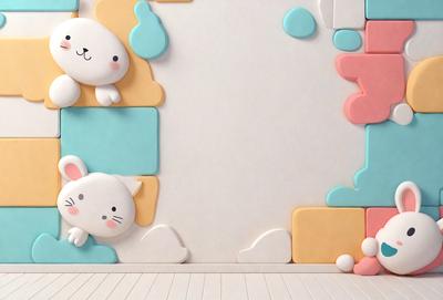 The primary subject of the image is a white cat with a pink nose, lying on a white surface. The setting is a white room with a wall covered in a pattern of white and yellow tiles. The visual style is a combination of digital art and illustration, creating a unique and creative scene. The dominant colors are white and pink, giving the image a clean and playful atmosphere.