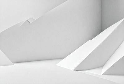 The primary subject of the image is a white paper cutout of a mountain. The paper cutout is placed on a white background, giving it a clean and minimalist appearance. The visual style of the image is a combination of digital art and illustration, as the paper cutout is created using a computer-aided design (CAD) software. The colors and mood of the image are predominantly white, giving it a calm and serene atmosphere.