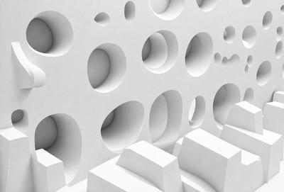 The primary subject of the image is a white wall with a pattern of round holes. The setting is a room with a white background. The visual style is a combination of photo and digital art, creating a unique and interesting pattern. The dominant colors are white and grey, giving the image a clean and minimalist appearance.