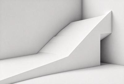 The primary subject of the image is a white staircase. The setting is a white room, and the visual style is a digital art or illustration. The staircase is the main focus of the image, and the overall atmosphere is clean and minimalistic.