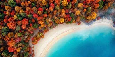 The primary subject of the image is a beach with a sandy shore and a body of water. The setting is a beautiful beach with a clear blue water and a sandy shore. The visual style of the image is a photo, capturing the natural beauty of the beach and the water. The colors and mood of the image are vibrant and serene, with the blue water and the orange trees creating a picturesque scene.
