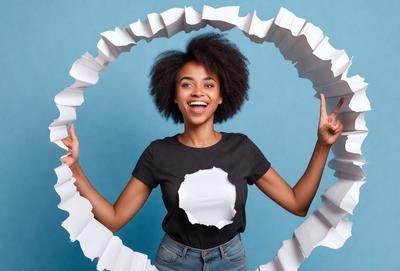 The primary subject of the image is a woman with a big smile on her face. She is wearing a black shirt and is surrounded by a large number of white paper cutouts. The setting appears to be a studio or a creative environment, as the woman is posing for the camera. The visual style of the image is a combination of photo and digital art, creating a unique and artistic atmosphere. The colors in the image are predominantly white and black, giving the scene a bold and striking appearance.