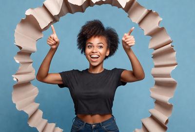 The primary subject of the image is a woman with a big smile, giving a thumbs up. She is wearing a black shirt and blue jeans. The setting is a blue background, and the visual style appears to be a photo. The woman's smile and thumbs up convey a positive and happy mood.