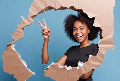 The primary subject of the image is a woman with a big smile, posing for a picture. She is wearing a black shirt and is surrounded by a big piece of paper. The setting appears to be a studio or a similar indoor environment. The visual style of the image is a combination of a photo and a drawing, giving it a unique and creative appearance. The colors in the image are predominantly black and white, with the woman's smile adding a touch of warmth and positivity to the scene.