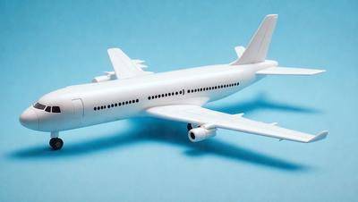 The primary subject of the image is a white model airplane. The airplane is placed on a blue surface, which serves as the background. The visual style of the image is a photo, capturing the details of the model airplane. The colors and mood of the image are predominantly blue and white, giving it a clean and modern appearance.