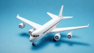 The primary subject of the image is a white model airplane. The airplane is placed on a blue surface, which serves as the background. The visual style of the image is a photo, capturing the details of the model airplane. The colors and mood of the image are predominantly blue and white, creating a clean and modern appearance.