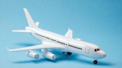The primary subject of the image is a white model airplane. The airplane is placed on a blue surface, which serves as the background. The visual style of the image is a photo, capturing the details of the model airplane. The colors and mood of the image are predominantly white and blue, giving it a clean and calm appearance.