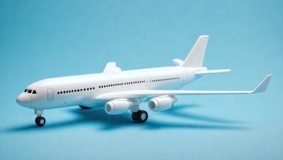 The primary subject of the image is a white model airplane. The setting is a blue surface, which serves as the background. The visual style is a digital art, as the airplane is depicted in a detailed and realistic manner. The colors and mood of the image are predominantly white and blue, creating a clean and calm atmosphere.
