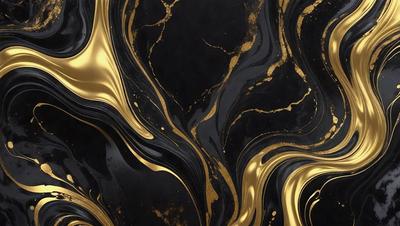 The primary subject of the image is a black and gold marble-like pattern. The setting is a black background, and the visual style appears to be a combination of a photo and digital art. The dominant colors are black and gold, creating a luxurious and elegant atmosphere.