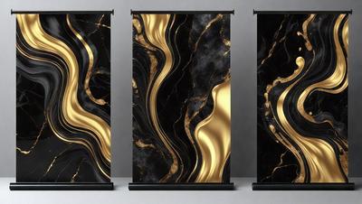 The primary subject of the image is a set of three black and gold marble-patterned banners. The setting is a gray background, which provides a clean and neutral environment for the banners. The visual style is a combination of digital art and illustration, as the banners are designed to resemble marble. The colors and mood of the image are predominantly black and gold, giving it a sophisticated and elegant appearance.