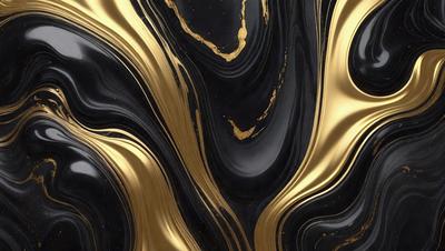 The primary subject of the image is a black and gold marbled pattern. The setting is a black background, and the visual style appears to be a digital art or illustration. The dominant colors are black and gold, creating a luxurious and elegant atmosphere.
