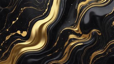 The primary subject of the image is a close-up of a gold and black marbled surface. The setting is a black and gold patterned wall, which creates a visually striking contrast with the gold and black marbled surface. The visual style of the image is a combination of a photo and digital art, as it captures the intricate details of the marbled surface. The colors and mood of the image are predominantly black and gold, giving it a luxurious and elegant appearance.