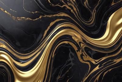 The primary subject of the image is a black and gold marble pattern. The setting is a black background, and the visual style appears to be a combination of a photo and digital art. The dominant colors are black and gold, creating a luxurious and elegant atmosphere.