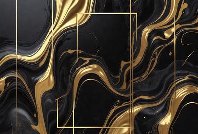 The primary subject of the image is a black and gold marbled surface, which appears to be a wall or a piece of art. The setting is a dark room, and the visual style is a combination of a photo and digital art. The dominant colors are black and gold, creating a luxurious and elegant atmosphere.