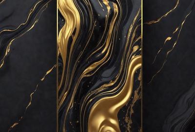 The primary subject of the image is a gold and black marbled design, which appears to be a painting or a digital artwork. The setting is a black background, which contrasts with the gold and black marbled design. The visual style is a combination of painting and digital art, creating a unique and eye-catching piece. The colors and mood of the image are predominantly gold and black, giving it a luxurious and sophisticated appearance.