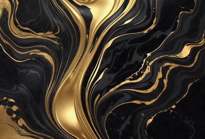 The primary subject of the image is a gold and black patterned surface, which appears to be a painting or a decorative piece. The setting is a black background, which contrasts with the gold and black pattern. The visual style is a combination of painting and digital art, creating a unique and eye-catching design. The colors and mood of the image are predominantly black and gold, giving it a luxurious and elegant appearance.