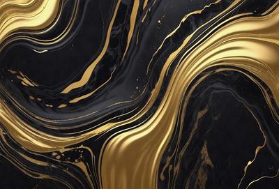 The primary subject of the image is a gold and black marble pattern. The setting is a black and gold marble surface, which serves as the background. The visual style is a combination of photo and digital art, creating a unique and intricate design. The dominant colors are gold and black, giving the image a luxurious and elegant appearance.