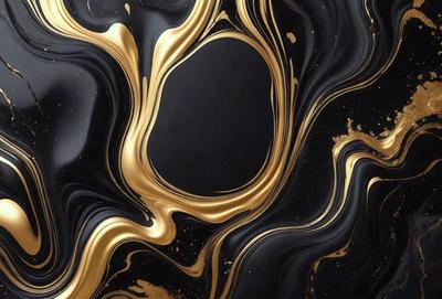 The primary subject of the image is a gold and black patterned surface, which appears to be a painting or a digital artwork. The setting is a black background, and the visual style is a combination of photo and digital art. The dominant colors are gold and black, creating a rich and luxurious atmosphere.