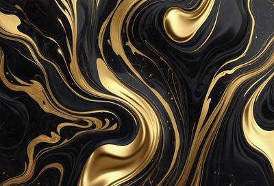 The primary subject of the image is a close-up of a gold and black swirling pattern, which appears to be a painting or a digital artwork. The setting is a black and gold background, creating a striking contrast with the swirling pattern. The visual style is a mix of photo and digital art, as it captures the intricate details of the swirling pattern. The dominant colors are gold and black, giving the image a bold and elegant appearance.