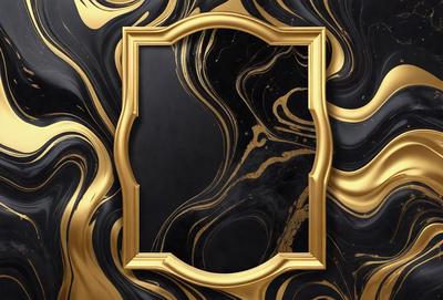 The primary subject of the image is a gold-framed mirror with a black background. The setting is a room with a black and gold wallpaper, which adds a luxurious and elegant touch to the space. The visual style is a combination of a photo and digital art, creating a unique and artistic representation of the mirror. The colors and mood of the image are predominantly black and gold, giving it a sophisticated and timeless appearance.