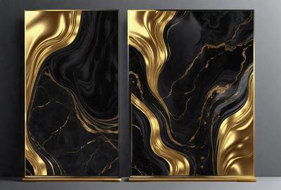 The primary subject of the image is a pair of black and gold marble-like tiles. The setting is a gray background, which provides a clean and neutral backdrop for the tiles. The visual style is a close-up of the tiles, showcasing their intricate design and texture. The colors and mood of the image are predominantly black and gold, giving the tiles a luxurious and elegant appearance.