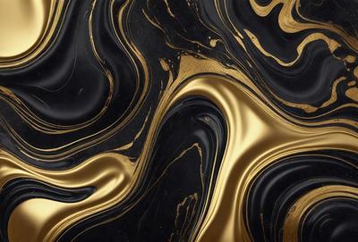The primary subject of the image is a close-up of a black and gold marbled surface. The setting is a patterned wall, and the visual style appears to be a combination of a photo and digital art. The dominant colors are black and gold, creating a rich and luxurious atmosphere.