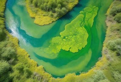 The primary subject of the image is a large, green, mossy-looking object floating in a body of water. The setting is a lush, green environment, with a grassy area surrounding the water. The visual style appears to be a combination of a photo and digital art, creating a unique and vibrant atmosphere. The dominant colors are green and blue, with the green object being the focal point of the scene.