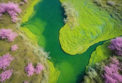 The primary subject of the image is a large body of water, which appears to be a pond or a lake. The water is surrounded by a lush green environment, with trees and bushes visible in the background. The visual style of the image is a combination of photo and digital art, creating a unique and vibrant atmosphere. The colors and mood of the image are predominantly green, with a hint of pink from the surrounding trees and bushes.