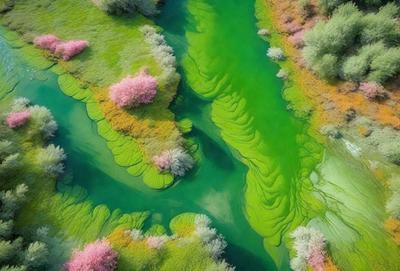The primary subject of the image is a river with green, mossy banks. The setting is a natural environment with trees and bushes surrounding the river. The visual style is a photo of the river, capturing the beauty of the green banks and the surrounding landscape. The colors and mood of the image are serene and peaceful, with the green banks and the natural surroundings creating a calming atmosphere.