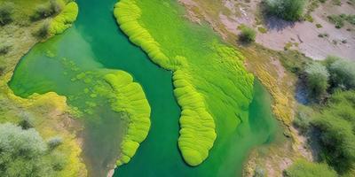 The primary subject of the image is a large, green, mossy-looking object floating in a body of water. The setting is a lake, and the visual style appears to be a photo. The colors and mood of the image are predominantly green, giving it a serene and natural atmosphere.