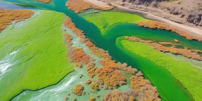 The primary subject of the image is a river with green and blue water, surrounded by a lush green landscape. The setting includes a body of water with a flowing current, and the background features a vibrant green field. The visual style of the image is a combination of photo and digital art, creating a realistic yet artistic representation of the scene. The colors and mood of the image are lively and serene, with the green and blue water providing a sense of tranquility and the lush green field adding a