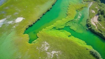 The primary subject of the image is a large body of green water, possibly a lake or a river. The water appears to be murky and has a greenish hue. The setting is a natural environment, with the water surrounded by a lush green landscape. The visual style of the image is a close-up of the water, showcasing its unique color and texture. The colors and mood of the image are predominantly green, creating a serene and peaceful atmosphere.