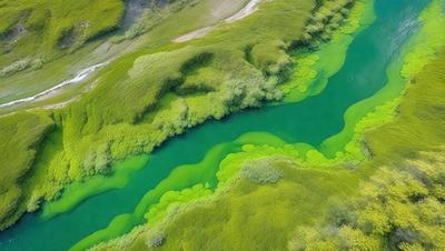 The primary subject of the image is a large body of water, which appears to be a lake. The water is a vibrant shade of green, and it is surrounded by lush greenery, including grass and trees. The setting is a serene, natural environment, with the water and vegetation creating a peaceful atmosphere. The visual style of the image is a combination of photo and digital art, as it captures the beauty of the natural landscape while also showcasing the vivid colors of the water and surrounding plants.