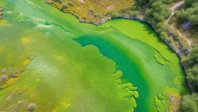 The primary subject of the image is a large body of water, which appears to be a lake or a pond. The water is a vibrant shade of green, and it is surrounded by a lush green field. The setting is a serene and natural environment, with the water and the field creating a peaceful atmosphere. The visual style of the image is a close-up of the water, showcasing its unique color and texture. The colors and mood of the image are predominantly green, with a hint