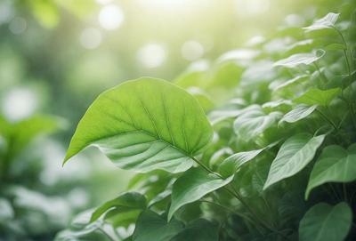 The primary subject of the image is a green leaf, which is the main object, scene, or focus of the image. The leaf is situated in a lush green forest, surrounded by a variety of green plants. The visual style of the image is a photo, capturing the natural beauty of the leaf and its environment. The colors and mood of the image are predominantly green, creating a serene and peaceful atmosphere.