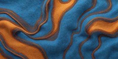 The primary subject of the image is a blue and orange fabric with a pattern of swirls and waves. The setting is a blue background, and the visual style appears to be a combination of a photo and digital art. The dominant colors are blue and orange, creating a vibrant and lively atmosphere.