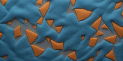 The primary subject of the image is a blue surface with a pattern of orange triangles. The setting appears to be a blue background, and the visual style is a combination of digital art and illustration. The dominant colors are blue and orange, creating a vibrant and lively atmosphere.
