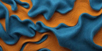 The primary subject of the image is a blue and orange fabric, which appears to be a piece of clothing or a textile material. The setting is a close-up view of the fabric, showcasing its intricate design and texture. The visual style of the image is a combination of a photo and digital art, as it captures the details of the fabric while also displaying a creative and artistic touch. The dominant colors in the image are blue and orange, creating a vibrant and lively atmosphere.