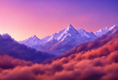 The primary subject of the image is a majestic mountain range, with a purple sky serving as the backdrop. The setting is a cloudy sky, which adds to the overall atmosphere of the scene. The visual style of the image is a photo, capturing the beauty of the mountain range and the sky. The colors and mood of the image are dominated by the purple hues of the sky, creating a serene and peaceful atmosphere.