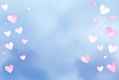 The primary subject of the image is a cloudy blue sky filled with hearts. The setting is a vast, open sky, and the visual style is a combination of a photo and digital art. The dominant colors are blue and pink, creating a serene and calming atmosphere.