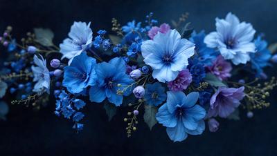 The primary subject of the image is a bouquet of blue and purple flowers. The setting is a dark background, which contrasts with the vibrant colors of the flowers. The visual style is a close-up of the flowers, showcasing their details and beauty. The dominant colors in the image are blue and purple, creating a serene and calming atmosphere.