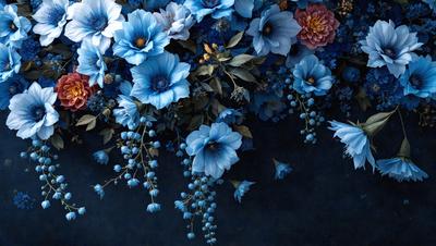 The primary subject of the image is a beautiful arrangement of blue flowers, including bluebells and other flowers, hanging from a vine. The setting is a dark background, which contrasts with the vibrant blue flowers. The visual style is a close-up of the flowers, showcasing their details and beauty. The colors and mood of the image are predominantly blue, creating a serene and calming atmosphere.