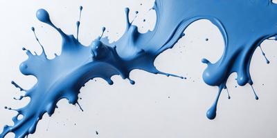 The primary subject of the image is a blue paint splatter on a white surface. The setting is a white wall, and the visual style appears to be a digital art or illustration. The dominant colors are blue and white, creating a calm and serene atmosphere.